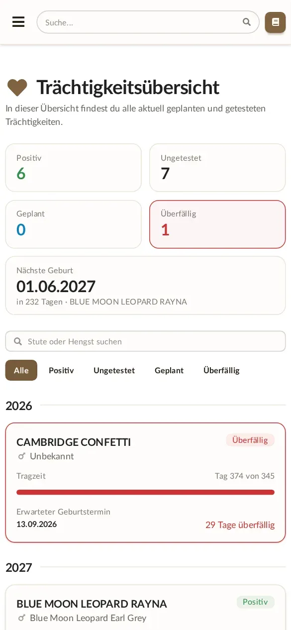 Alpaka Manager am Handy: Trächtigkeits- und Geburtenplanung