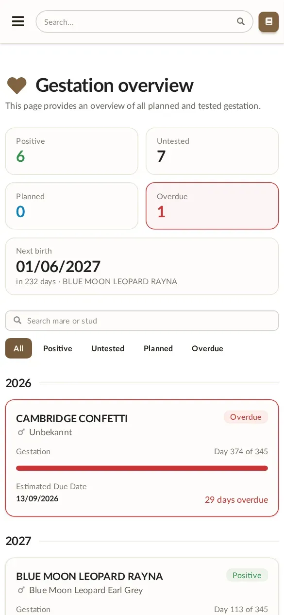 Alpaka Manager on a phone: Pregnancy and birth planning