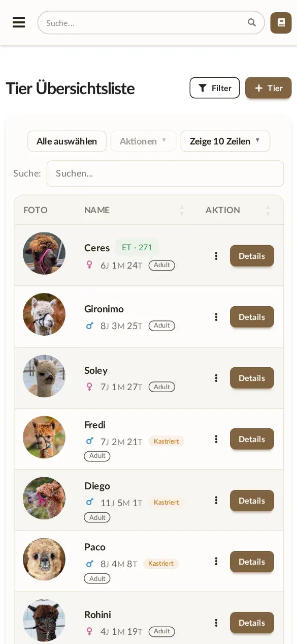 Alpaka Manager am Handy: Alle Tiere mit Filtern und Suche