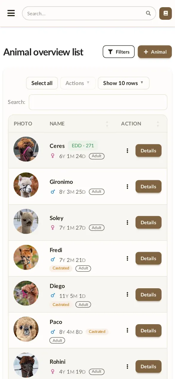 Alpaka Manager on a phone: All animals with filters and search