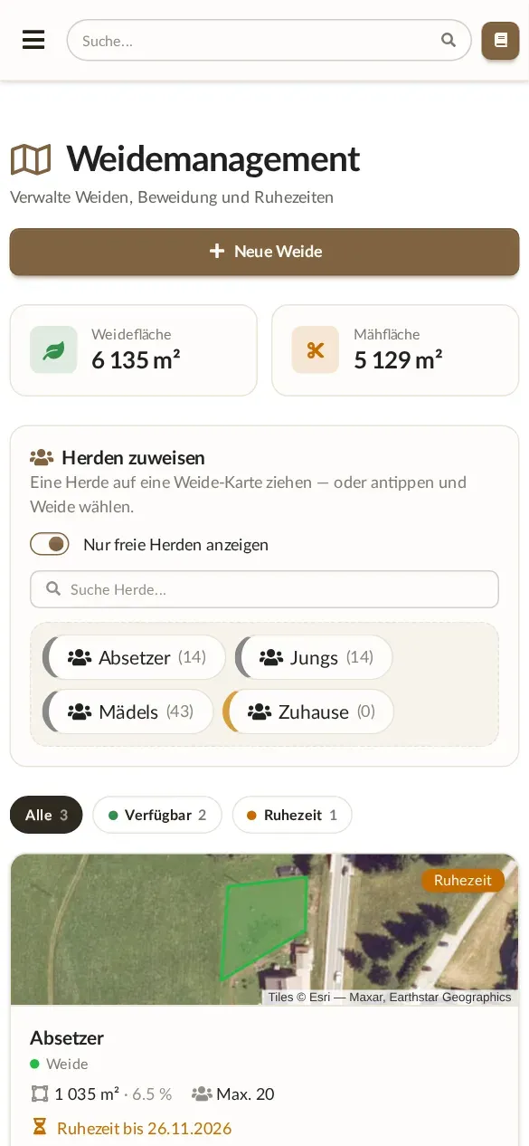 Alpaka Manager am Handy: Weiden auf der Karte zeichnen und Herden umstellen