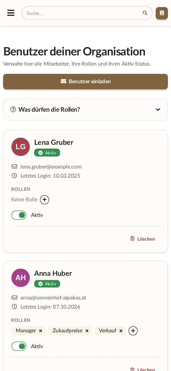 Alpaka Manager am Handy: Mehrere Benutzer mit eigenen Rechten