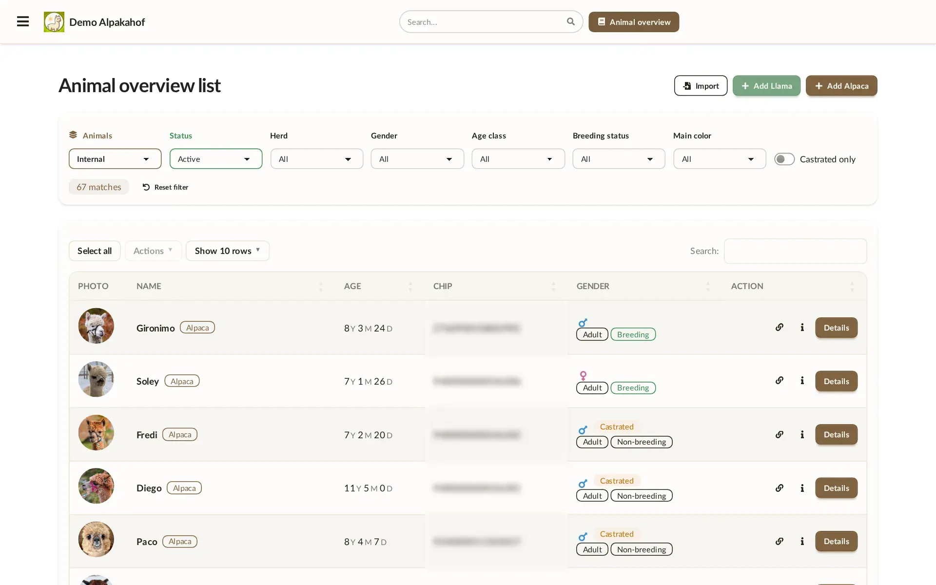 Alpaka Manager: All animals with filters and search