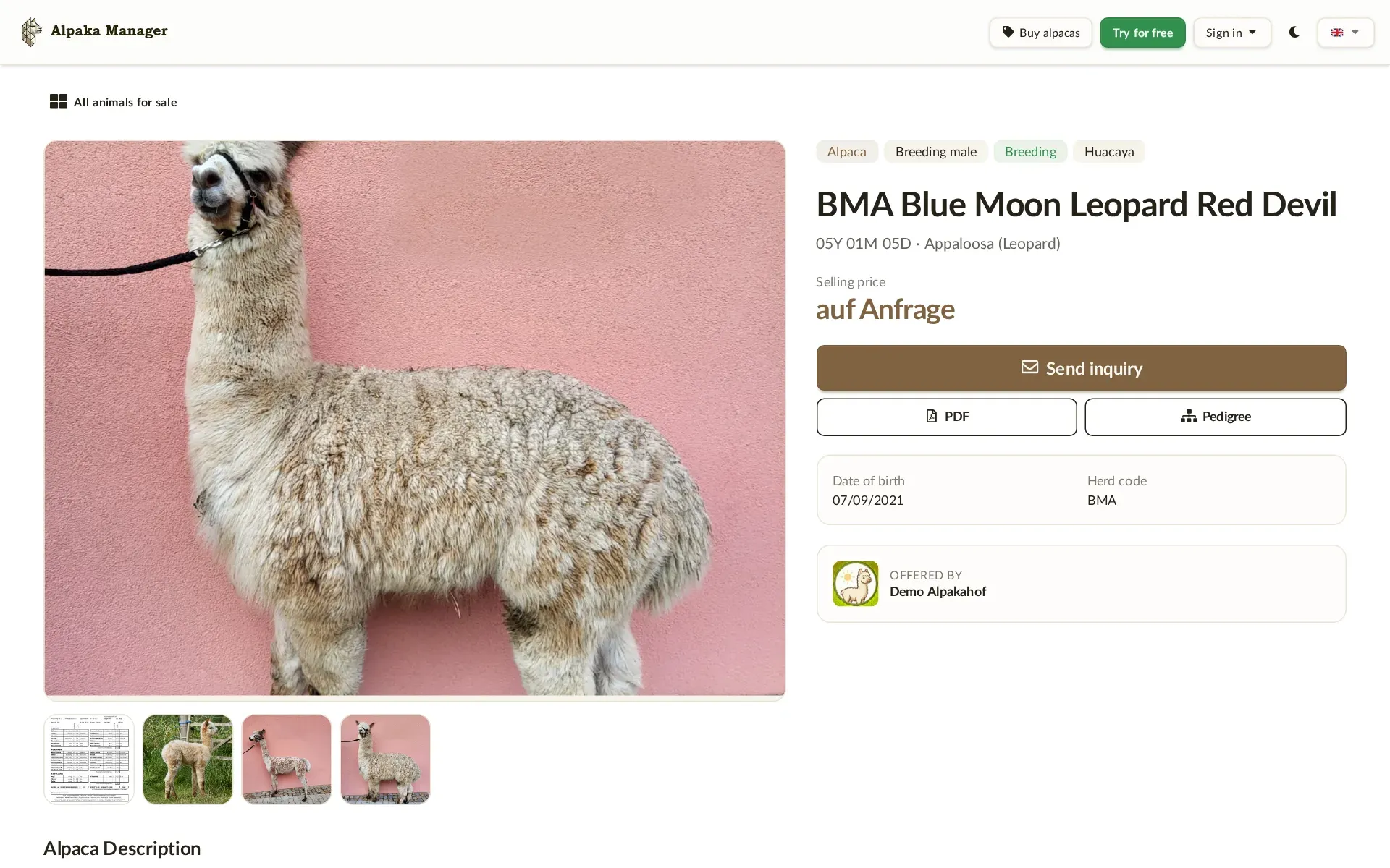 Alpaka Manager: Public sales pages and PDF brochures